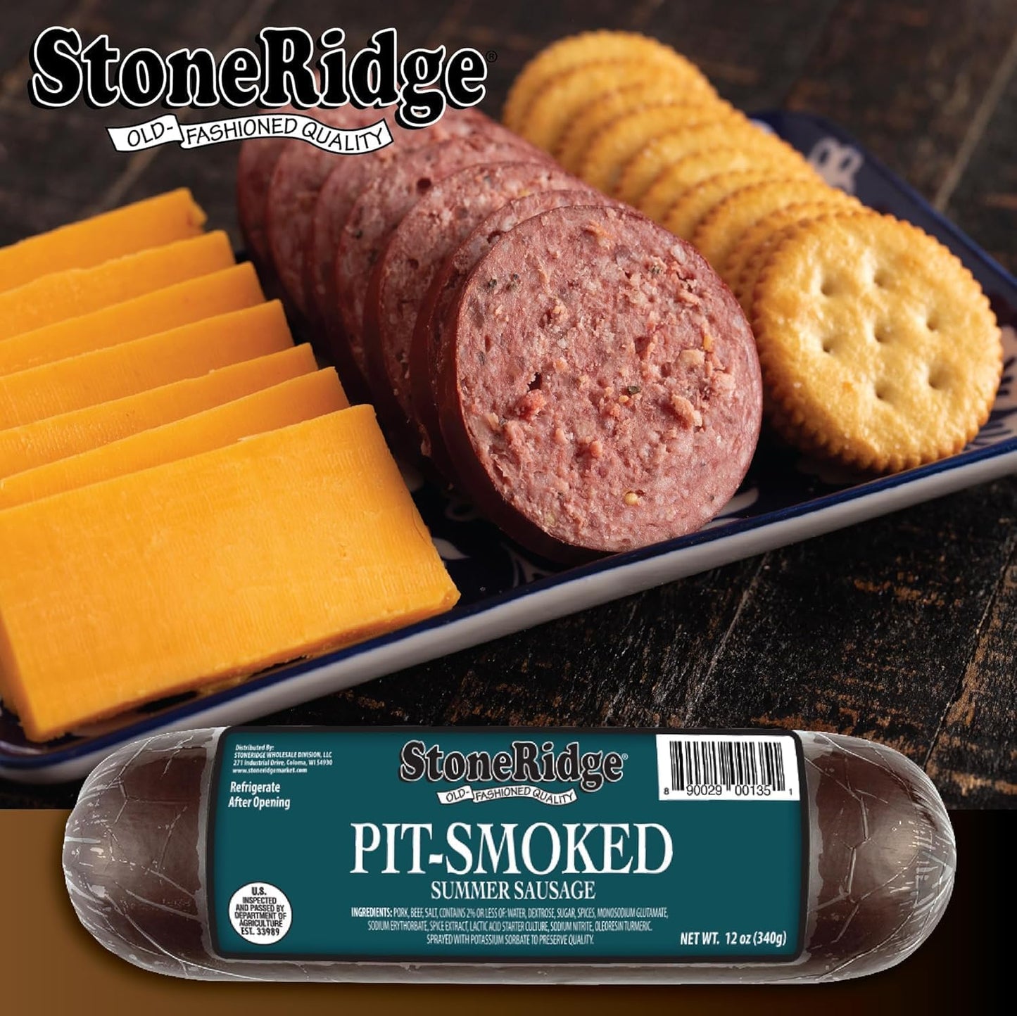 StoneRidge Old Fashioned Summer Sausage, PIT SMOKED, 12 oz, 4 Pack