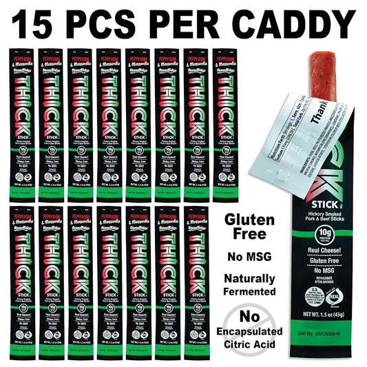THICK STICK - STONERIDGE OLD-FASHIONED QUALITY PEPPERONI & MOZZARELLA - Hickory Smoked Pork and Beef Snack Sticks, Gluten Free, No MSG, 15 Count, THICK 1.5 oz Sticks, High Protein, Soy Free, 15 Count
