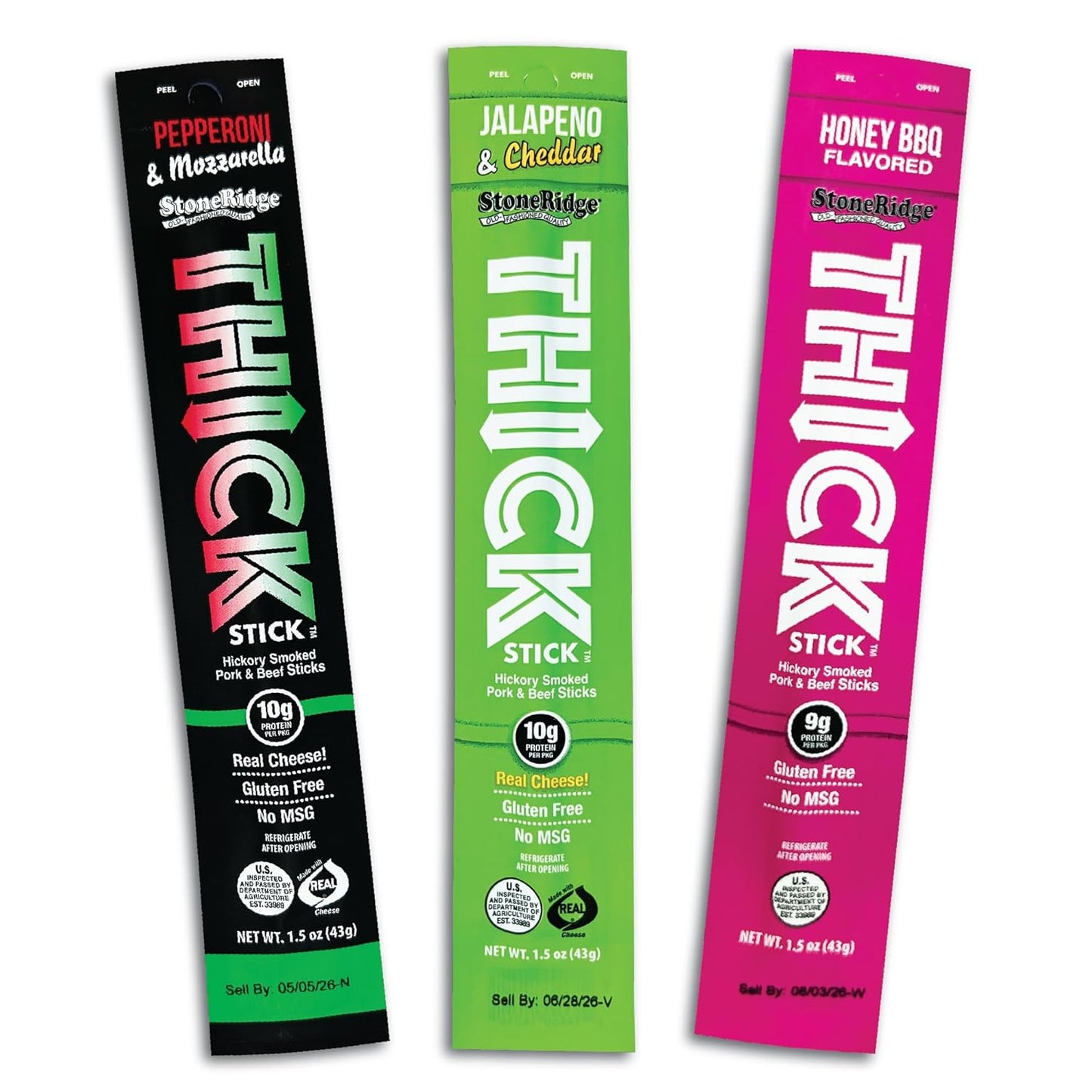 THICK STICK - STONERIDGE OLD-FASHIONED ASSORTED COMBO PACK - PEPPERONI & MOZZARELLA, JALAPENO & CHEDDAR, HONEY BBQ Sticks, Gluten Free, No MSG, THICK 1.5 oz Snack Meat Sticks, High Protein, Soy Free, 15 Count - 5 Of Each Flavor