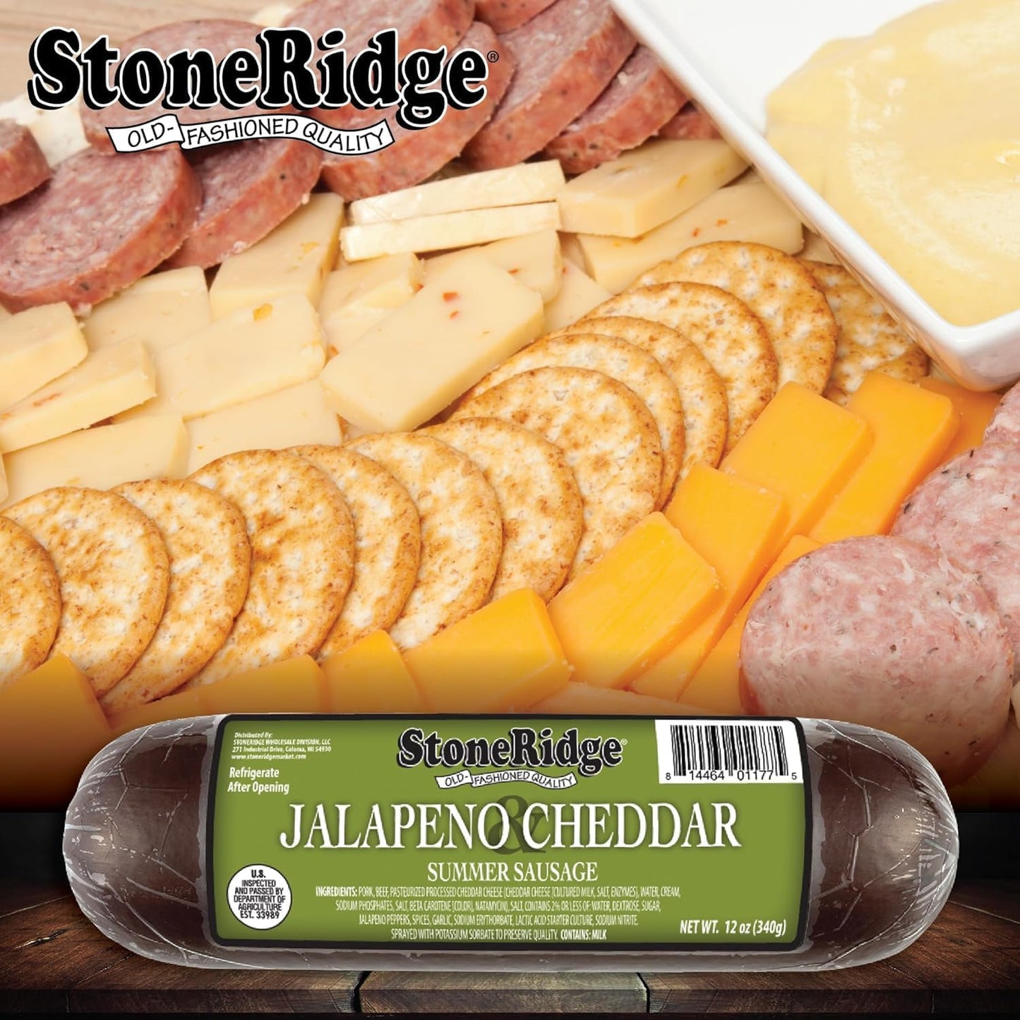 StoneRidge Old Fashioned Summer Sausage, Jalapeno Cheddar, 12 oz, 4 Pack