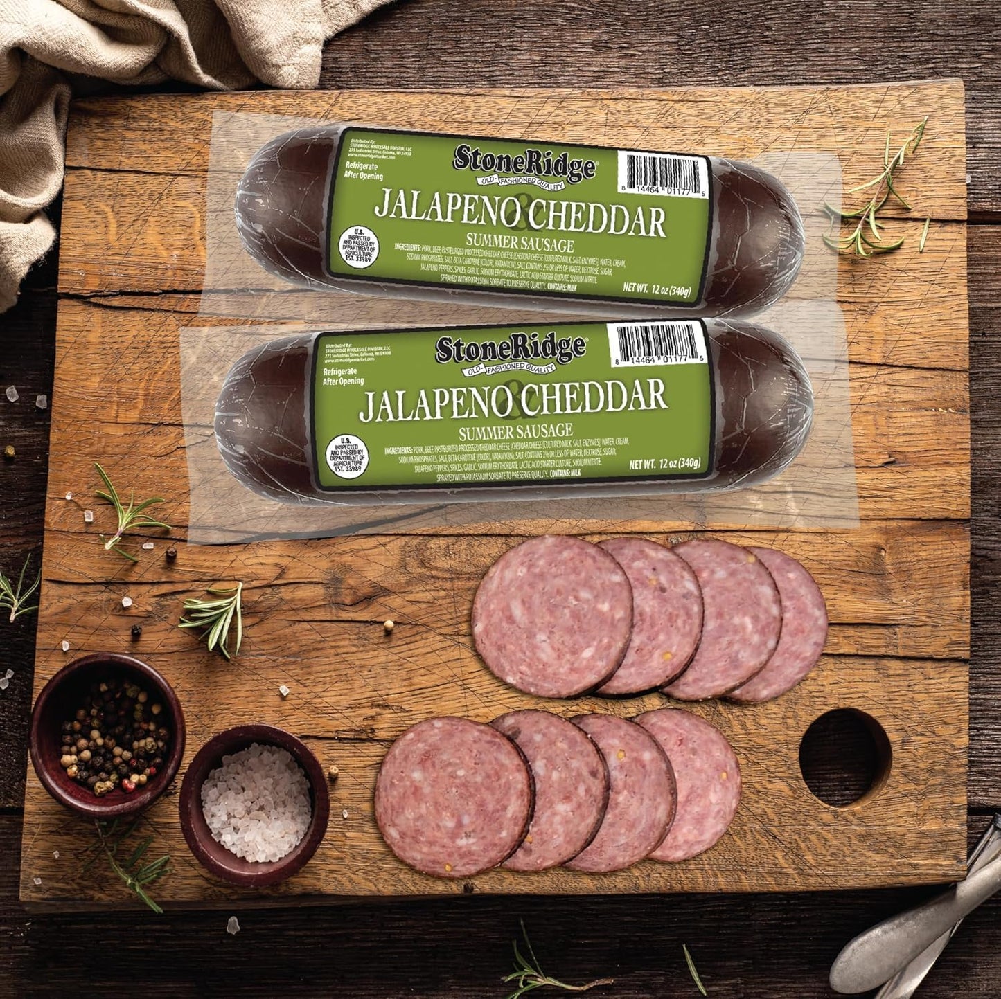 StoneRidge Old Fashioned Summer Sausage, Jalapeno Cheddar, 12 oz, 4 Pack