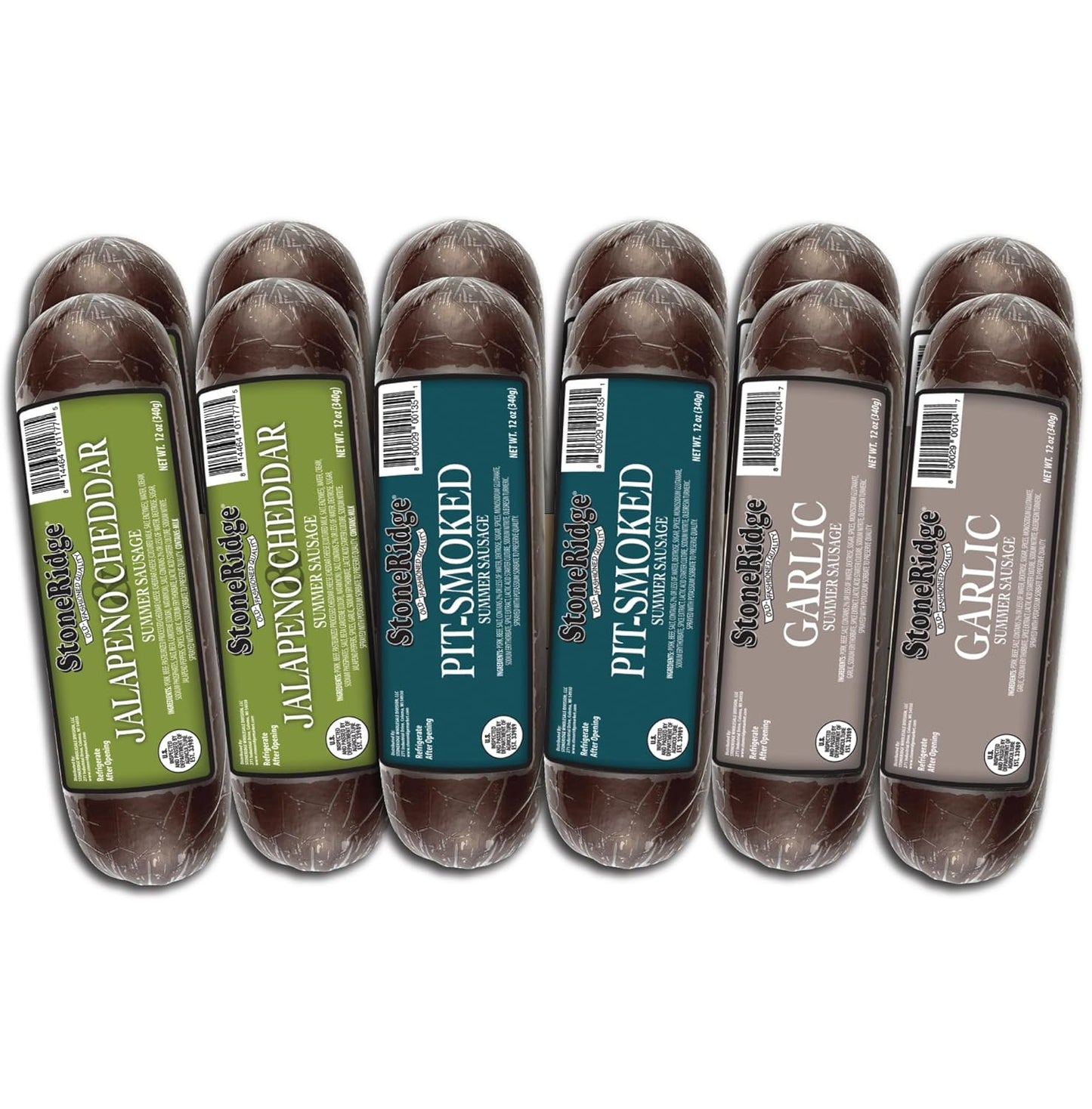 StoneRidge Old Fashioned Summer Sausage, MEGA MEAT GIFT BOX ASSORTED FLAVORS - Pit-Smoked, Jalapeno Cheddar & Garlic