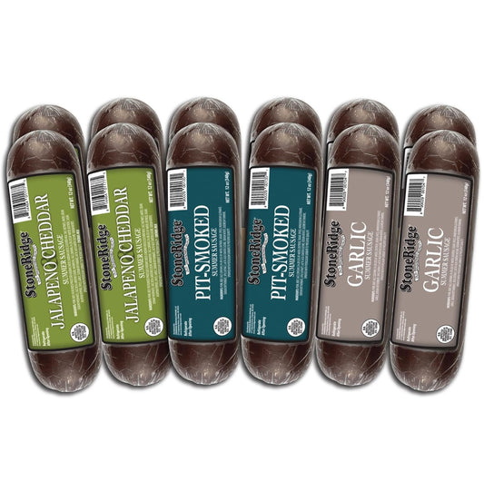 StoneRidge Old Fashioned Summer Sausage, MEGA MEAT GIFT BOX ASSORTED FLAVORS - Pit-Smoked, Jalapeno Cheddar & Garlic