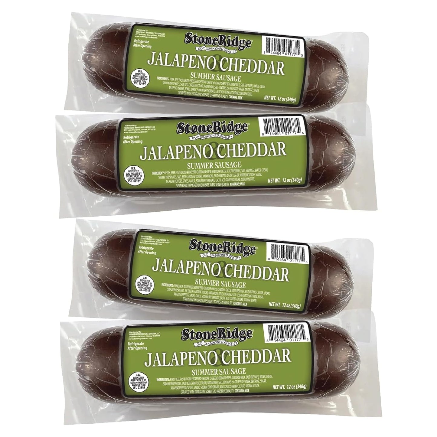 StoneRidge Old Fashioned Summer Sausage, Jalapeno Cheddar, 12 oz, 4 Pack