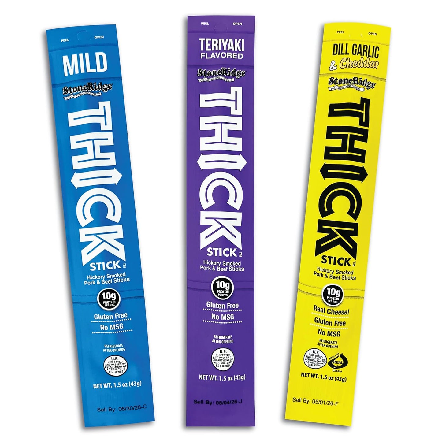THICK STICK - STONERIDGE OLD-FASHIONED ASSORTED COMBO PACK - MILD, TERIYAKI, DILL GARLIC & CHEDDAR Sticks, Gluten Free, No MSG, THICK 1.5 oz Snack Meat Sticks, High Protein, Soy Free, 15 Count - 5 Of Each Flavor