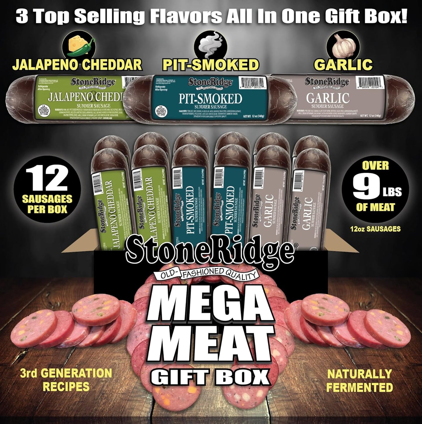StoneRidge Old Fashioned Summer Sausage, MEGA MEAT GIFT BOX ASSORTED FLAVORS - Pit-Smoked, Jalapeno Cheddar & Garlic