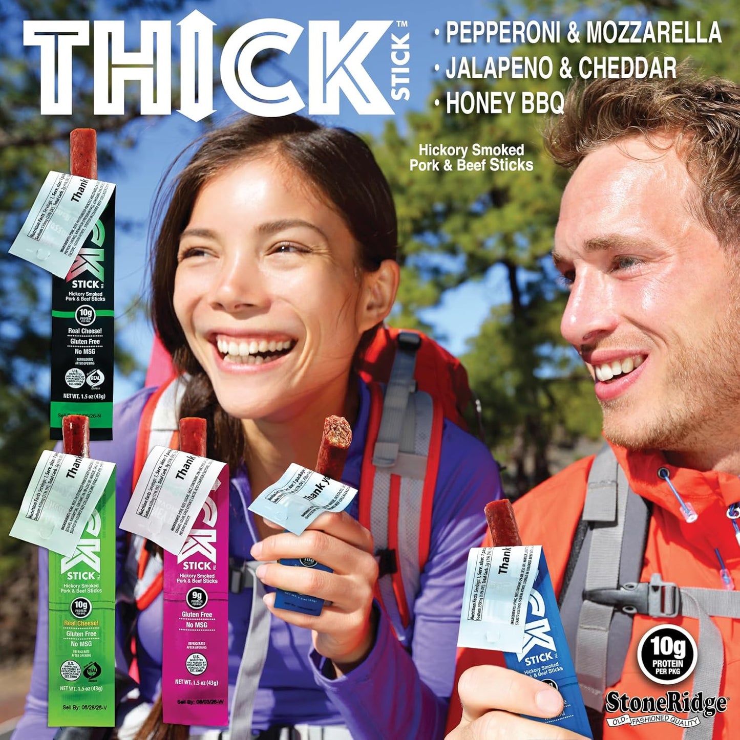 THICK STICK - STONERIDGE OLD-FASHIONED ASSORTED COMBO PACK - PEPPERONI & MOZZARELLA, JALAPENO & CHEDDAR, HONEY BBQ Sticks, Gluten Free, No MSG, THICK 1.5 oz Snack Meat Sticks, High Protein, Soy Free, 15 Count - 5 Of Each Flavor