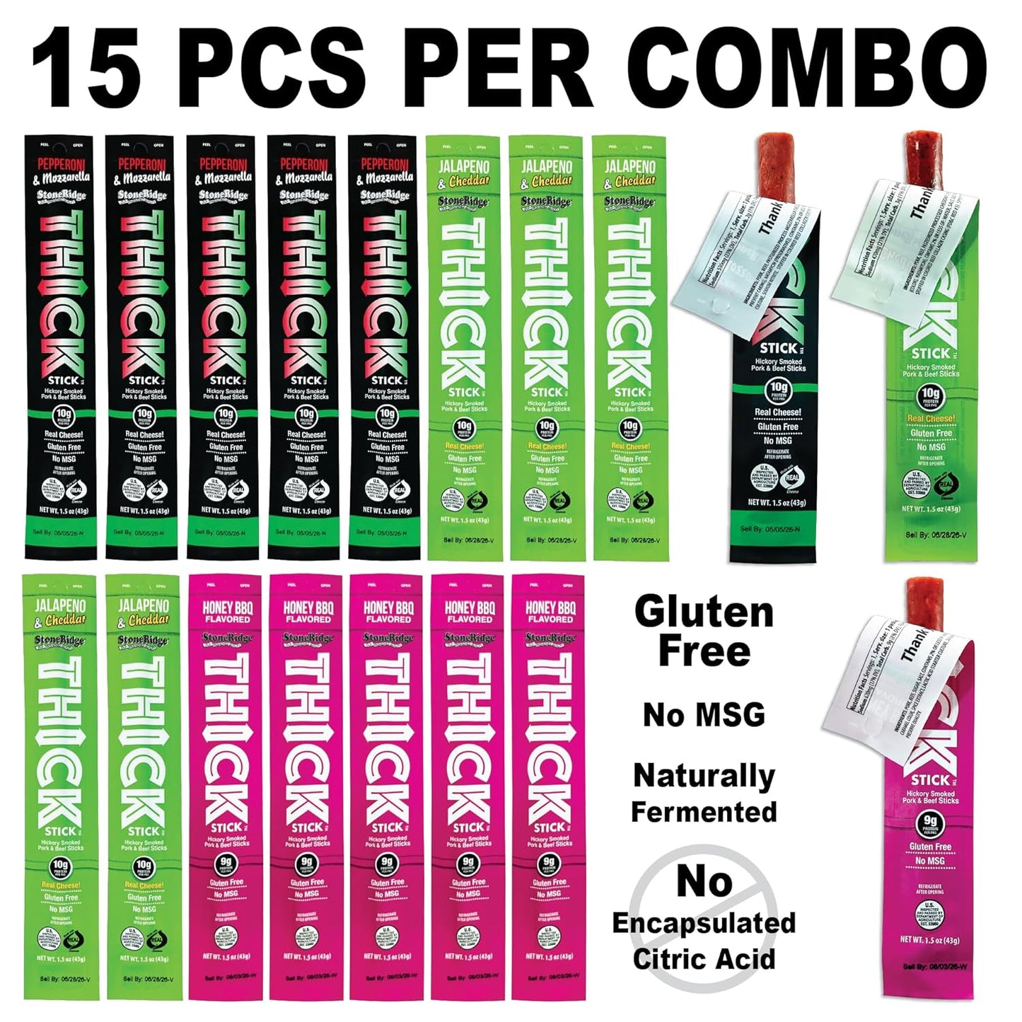 THICK STICK - STONERIDGE OLD-FASHIONED ASSORTED COMBO PACK - PEPPERONI & MOZZARELLA, JALAPENO & CHEDDAR, HONEY BBQ Sticks, Gluten Free, No MSG, THICK 1.5 oz Snack Meat Sticks, High Protein, Soy Free, 15 Count - 5 Of Each Flavor