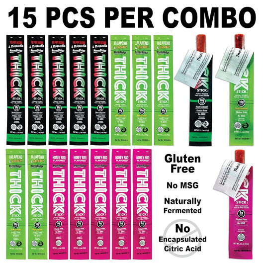 THICK STICK - STONERIDGE OLD-FASHIONED ASSORTED COMBO PACK - PEPPERONI & MOZZARELLA, JALAPENO & CHEDDAR, HONEY BBQ Sticks, Gluten Free, No MSG, THICK 1.5 oz Snack Meat Sticks, High Protein, Soy Free, 15 Count - 5 Of Each Flavor