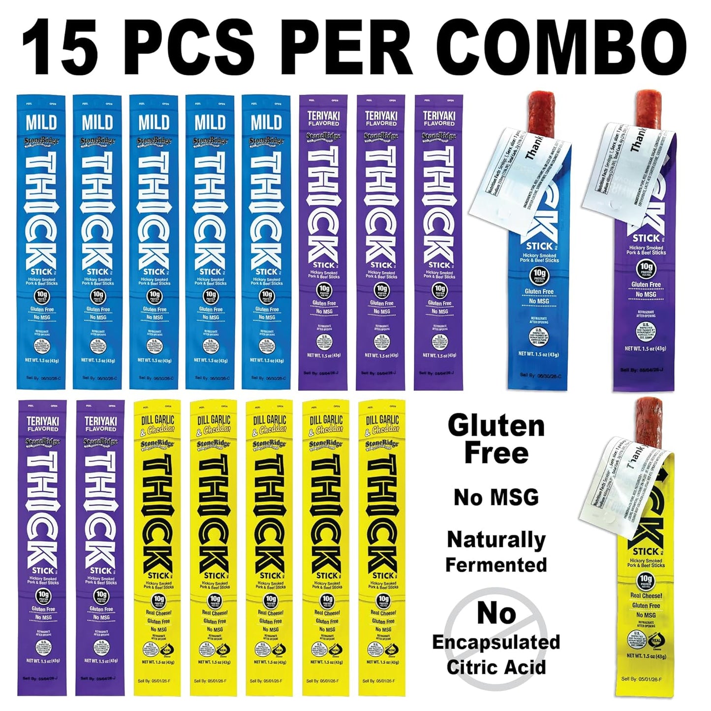 THICK STICK - STONERIDGE OLD-FASHIONED ASSORTED COMBO PACK - MILD, TERIYAKI, DILL GARLIC & CHEDDAR Sticks, Gluten Free, No MSG, THICK 1.5 oz Snack Meat Sticks, High Protein, Soy Free, 15 Count - 5 Of Each Flavor