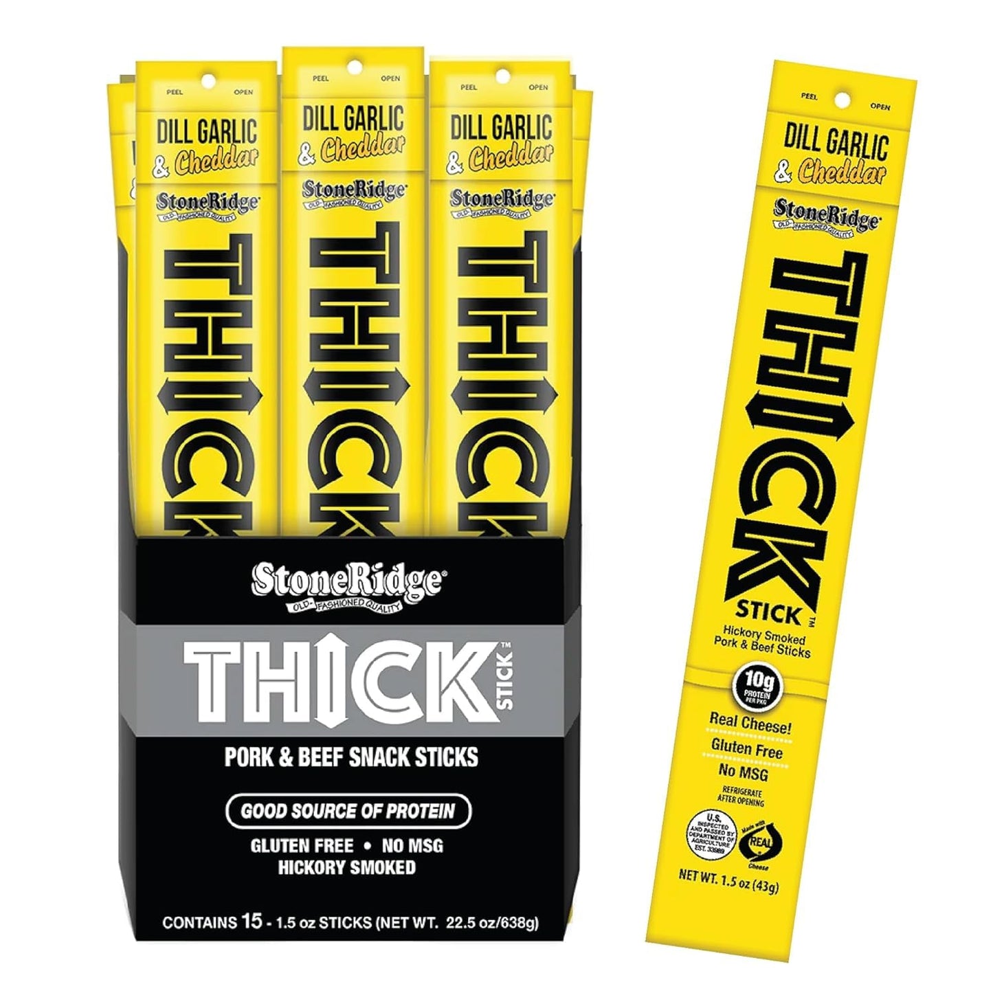 THICK STICK - STONERIDGE OLD-FASHIONED QUALITY DILL GARLIC & CHEDDAR - Hickory Smoked Pork and Beef Snack Sticks, Gluten Free, No MSG, 15 Count, THICK 1.5 oz Sticks, High Protein, Soy Free, 15 Count
