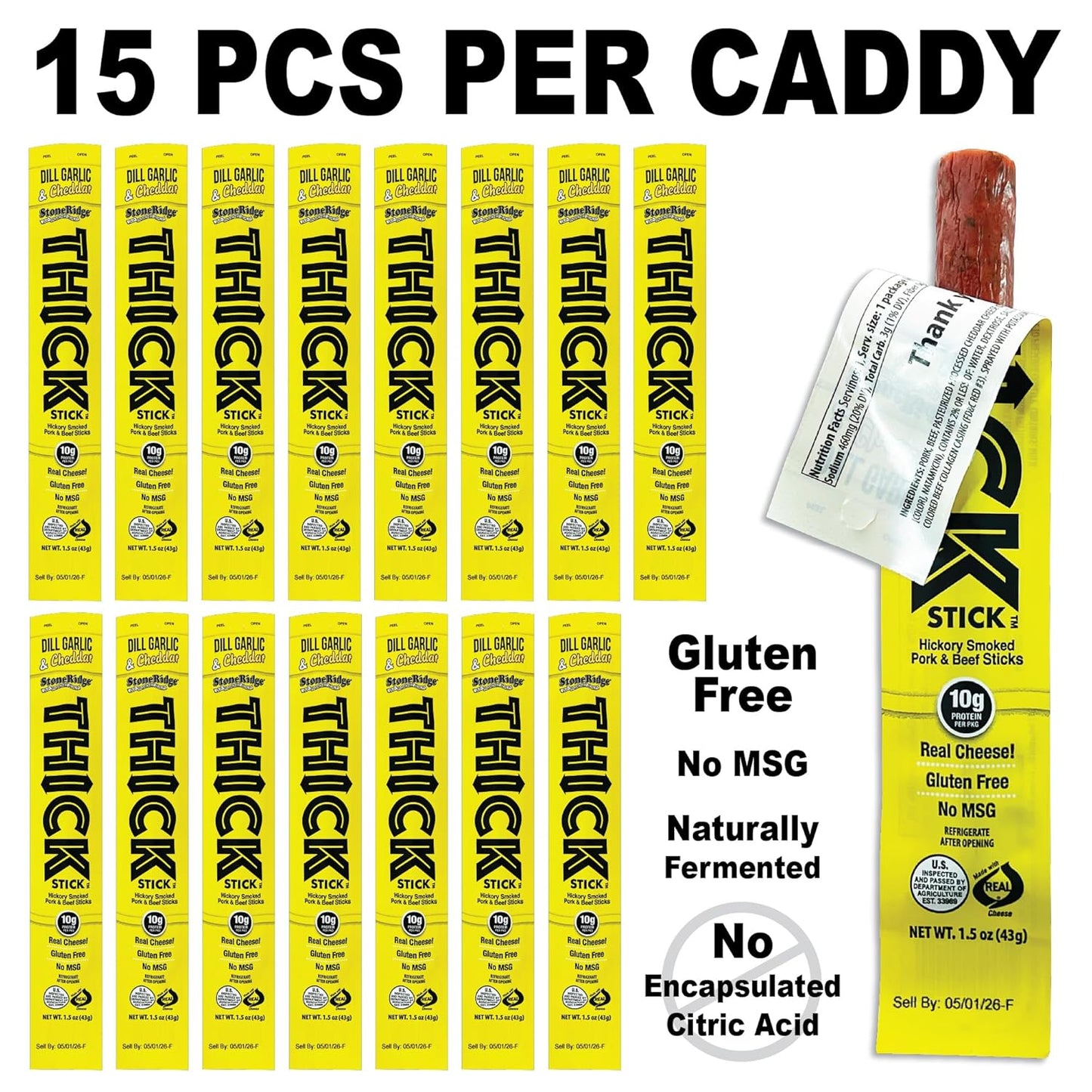 THICK STICK - STONERIDGE OLD-FASHIONED QUALITY DILL GARLIC & CHEDDAR - Hickory Smoked Pork and Beef Snack Sticks, Gluten Free, No MSG, 15 Count, THICK 1.5 oz Sticks, High Protein, Soy Free, 15 Count