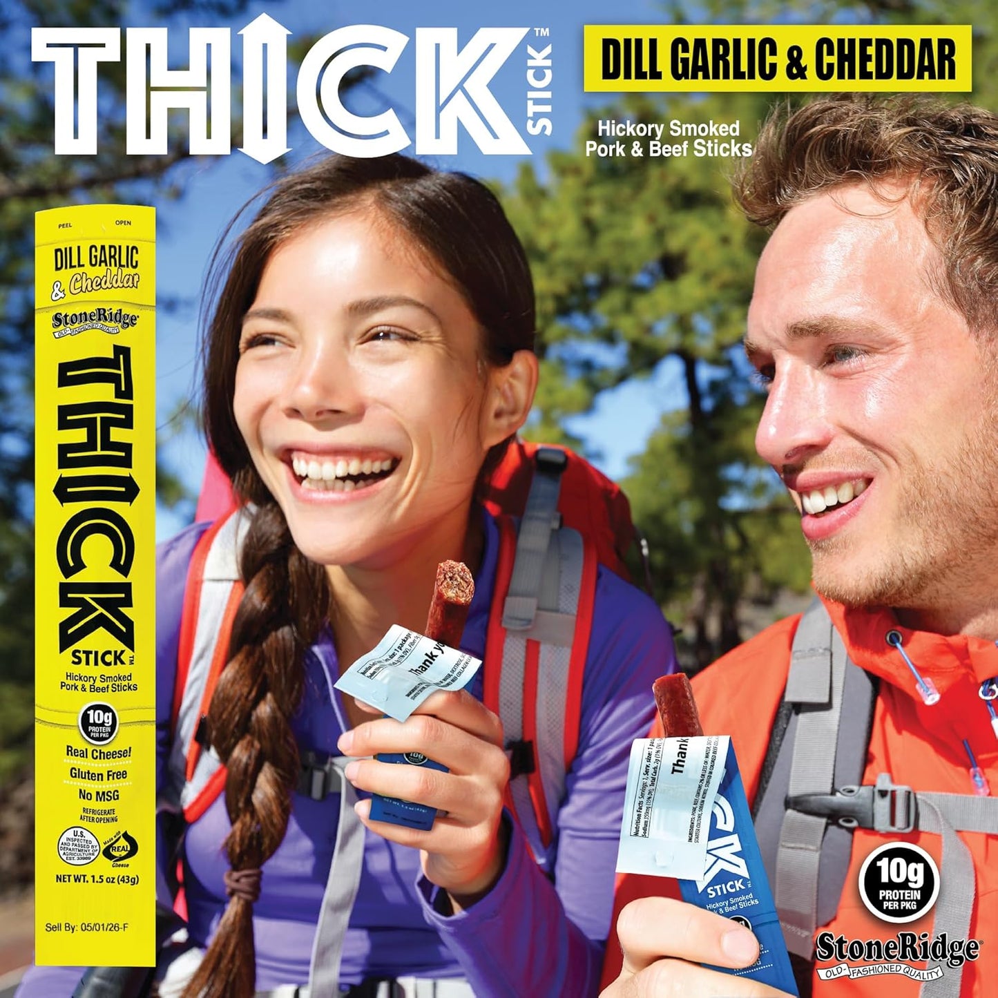THICK STICK - STONERIDGE OLD-FASHIONED QUALITY DILL GARLIC & CHEDDAR - Hickory Smoked Pork and Beef Snack Sticks, Gluten Free, No MSG, 15 Count, THICK 1.5 oz Sticks, High Protein, Soy Free, 15 Count