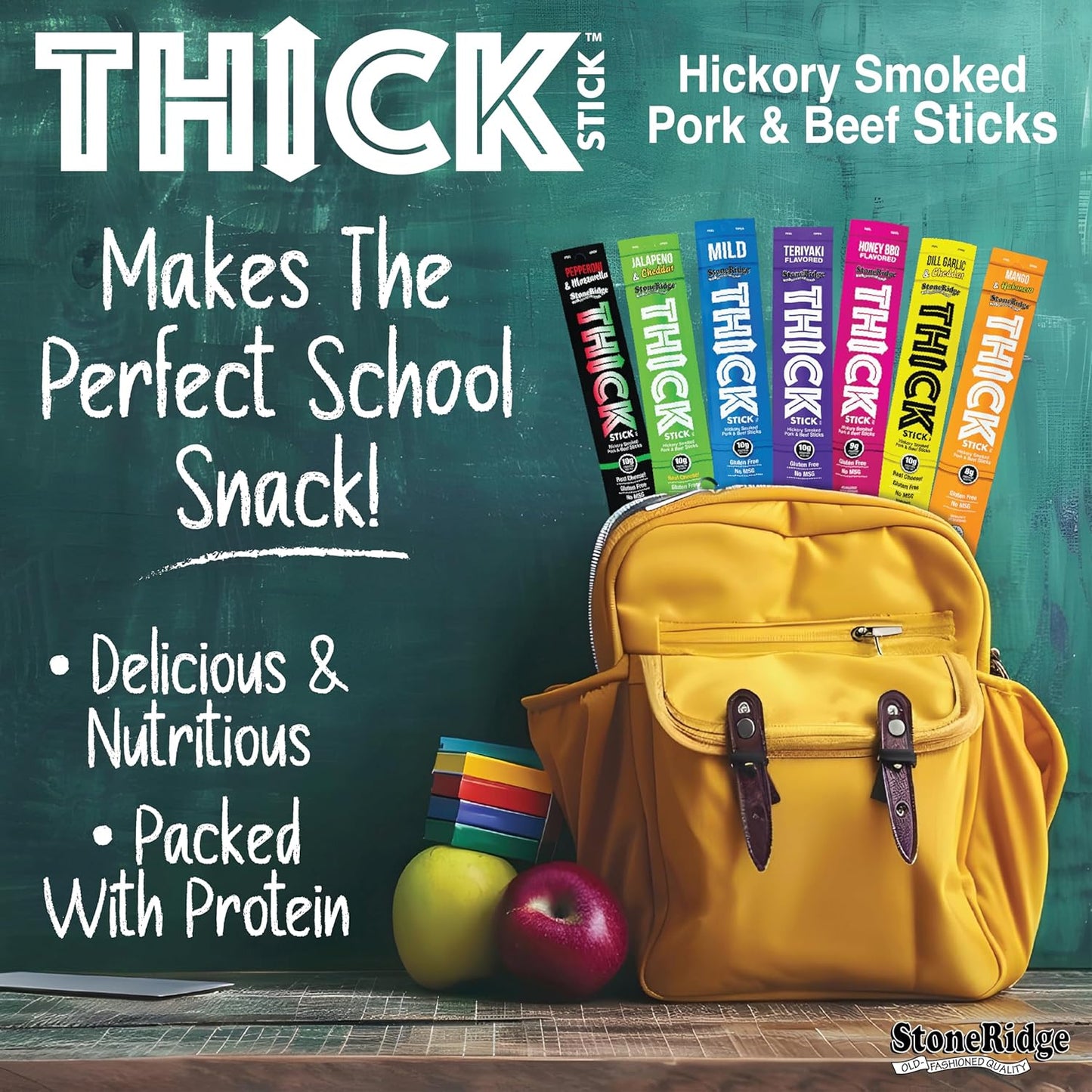THICK STICK - STONERIDGE OLD-FASHIONED QUALITY DILL GARLIC & CHEDDAR - Hickory Smoked Pork and Beef Snack Sticks, Gluten Free, No MSG, 15 Count, THICK 1.5 oz Sticks, High Protein, Soy Free, 15 Count