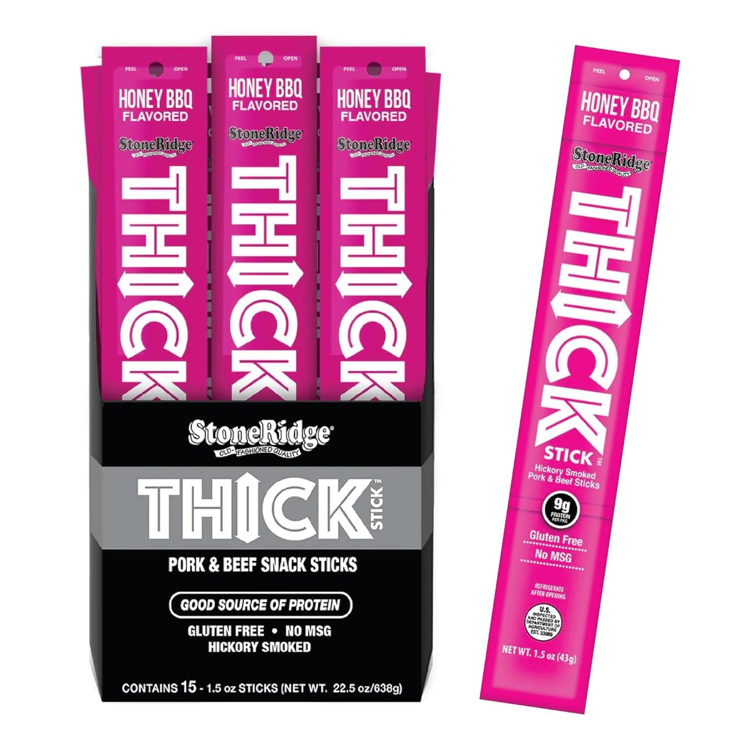 THICK STICK - STONERIDGE OLD-FASHIONED QUALITY HONEY BBQ - Hickory Smoked Pork and Beef Snack Sticks, Gluten Free, No MSG, 15 Count, THICK 1.5 oz Sticks, High Protein, Soy Free, 15 Count