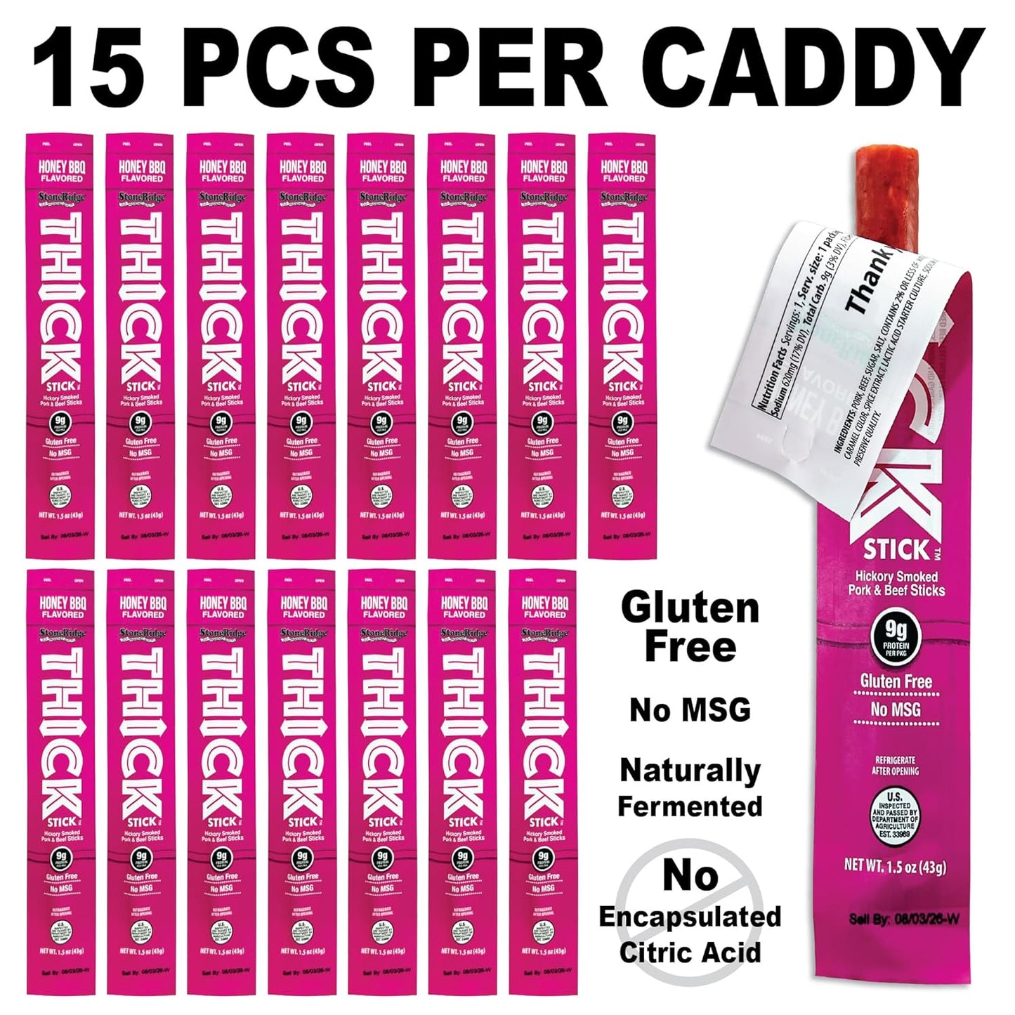 THICK STICK - STONERIDGE OLD-FASHIONED QUALITY HONEY BBQ - Hickory Smoked Pork and Beef Snack Sticks, Gluten Free, No MSG, 15 Count, THICK 1.5 oz Sticks, High Protein, Soy Free, 15 Count