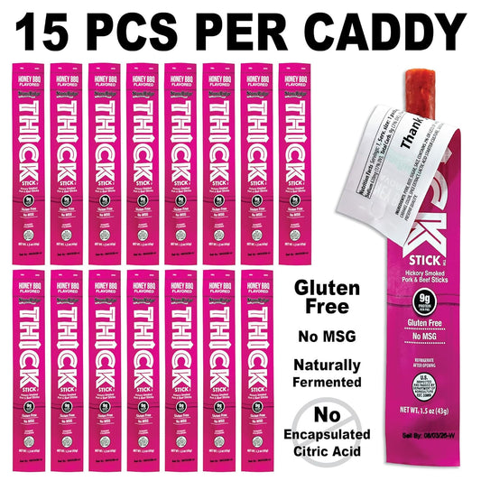 THICK STICK - STONERIDGE OLD-FASHIONED QUALITY HONEY BBQ - Hickory Smoked Pork and Beef Snack Sticks, Gluten Free, No MSG, 15 Count, THICK 1.5 oz Sticks, High Protein, Soy Free, 15 Count