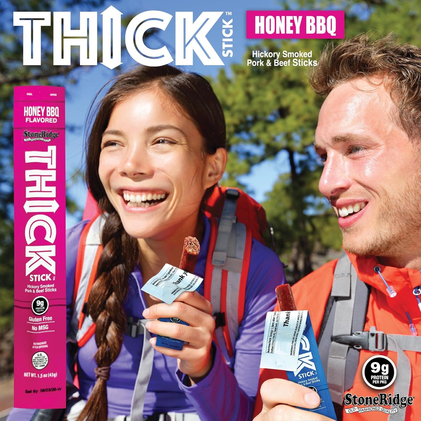 THICK STICK - STONERIDGE OLD-FASHIONED QUALITY HONEY BBQ - Hickory Smoked Pork and Beef Snack Sticks, Gluten Free, No MSG, 15 Count, THICK 1.5 oz Sticks, High Protein, Soy Free, 15 Count