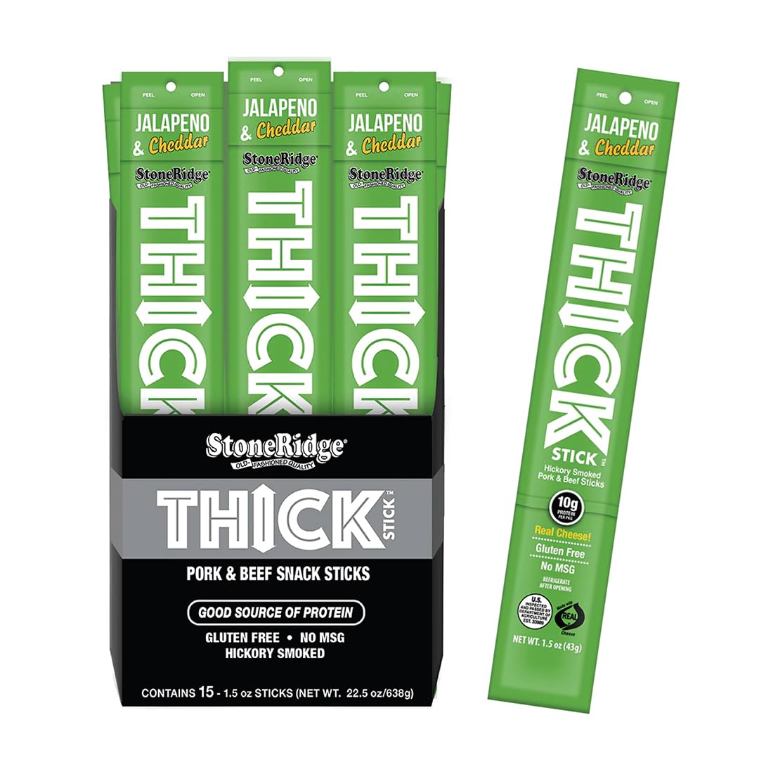 THICK STICK - STONERIDGE OLD-FASHIONED QUALITY JALAPENO & CHEDDAR - Hickory Smoked Pork and Beef Snack Sticks, Gluten Free, No MSG, 15 Count, THICK 1.5 oz Sticks, High Protein, Soy Free, 15 Count
