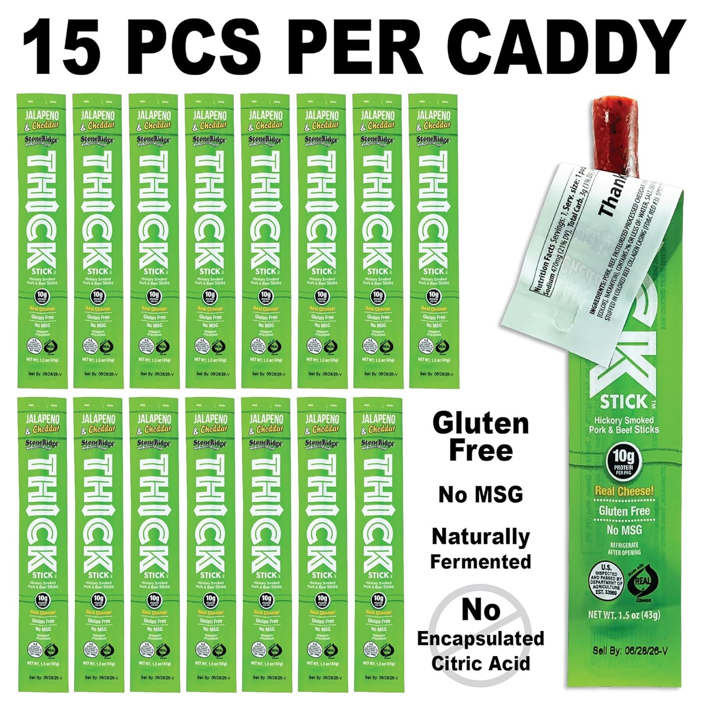THICK STICK - STONERIDGE OLD-FASHIONED QUALITY JALAPENO & CHEDDAR - Hickory Smoked Pork and Beef Snack Sticks, Gluten Free, No MSG, 15 Count, THICK 1.5 oz Sticks, High Protein, Soy Free, 15 Count