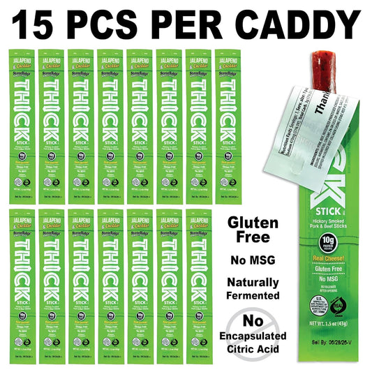 THICK STICK - STONERIDGE OLD-FASHIONED QUALITY JALAPENO & CHEDDAR - Hickory Smoked Pork and Beef Snack Sticks, Gluten Free, No MSG, 15 Count, THICK 1.5 oz Sticks, High Protein, Soy Free, 15 Count