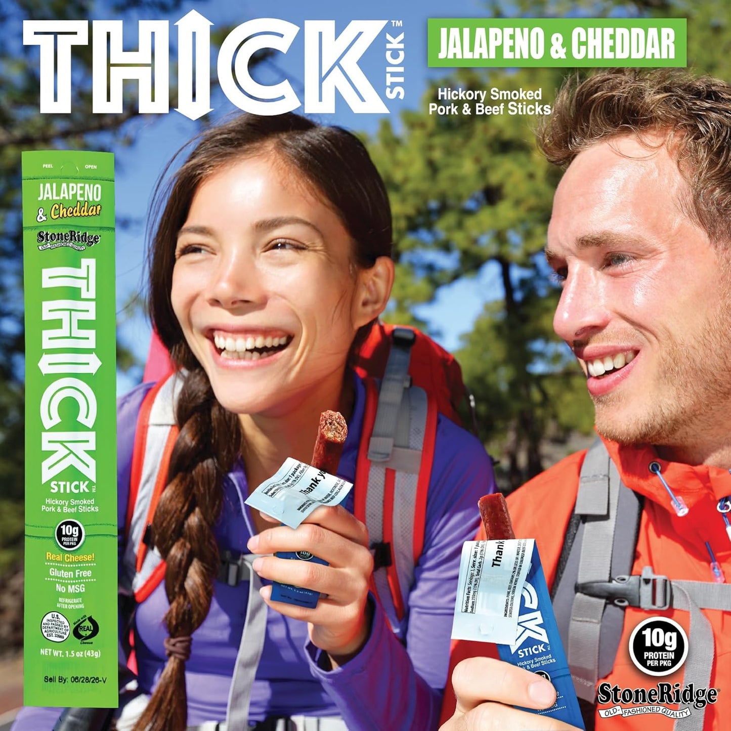 THICK STICK - STONERIDGE OLD-FASHIONED QUALITY JALAPENO & CHEDDAR - Hickory Smoked Pork and Beef Snack Sticks, Gluten Free, No MSG, 15 Count, THICK 1.5 oz Sticks, High Protein, Soy Free, 15 Count