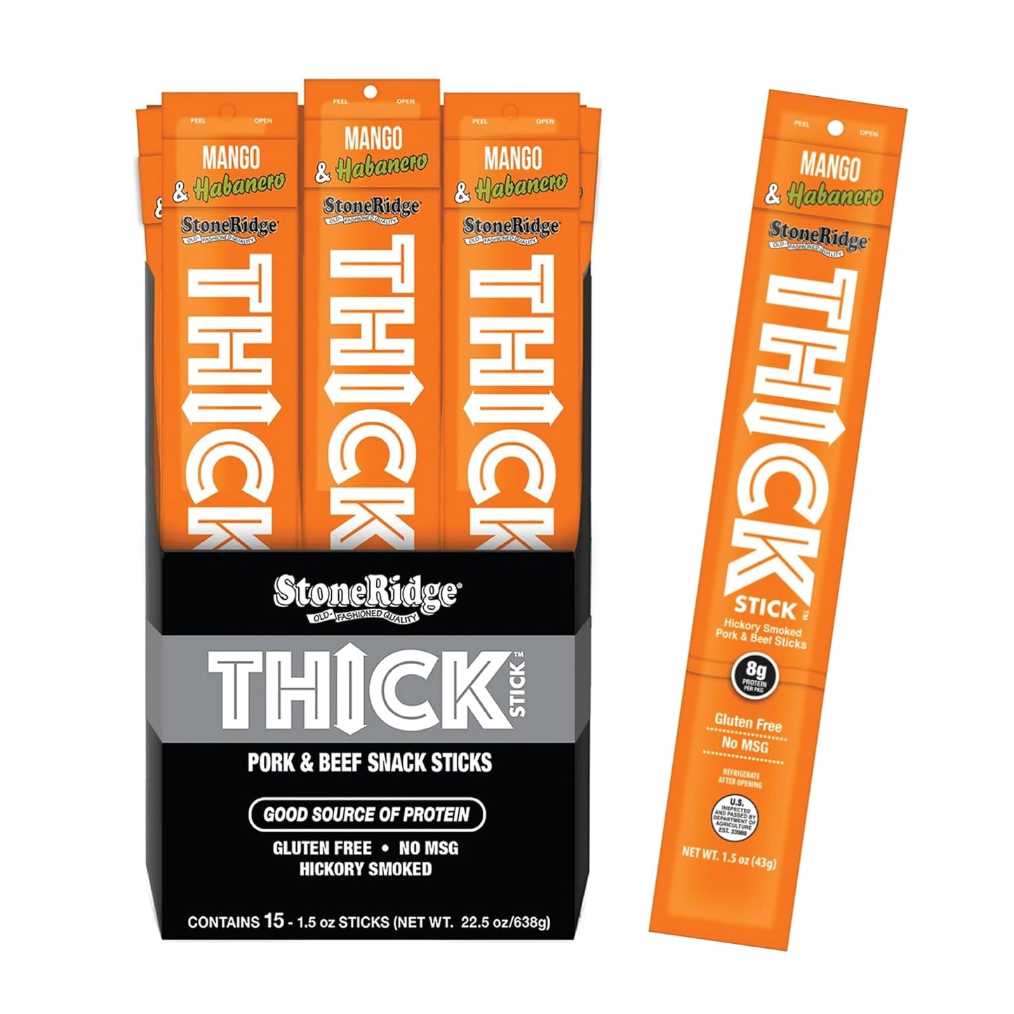 THICK STICK - STONERIDGE OLD-FASHIONED QUALITY MANGO & HABANERO - Hickory Smoked Pork and Beef Snack Sticks, Gluten Free, No MSG, 15 Count, THICK 1.5 oz Sticks, High Protein, Soy Free, 15 Count