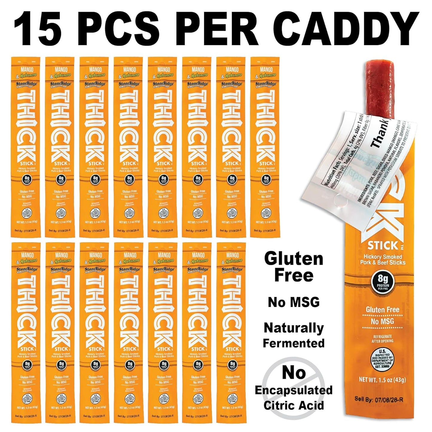 THICK STICK - STONERIDGE OLD-FASHIONED QUALITY MANGO & HABANERO - Hickory Smoked Pork and Beef Snack Sticks, Gluten Free, No MSG, 15 Count, THICK 1.5 oz Sticks, High Protein, Soy Free, 15 Count