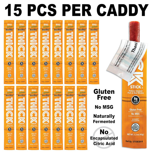THICK STICK - STONERIDGE OLD-FASHIONED QUALITY MANGO & HABANERO - Hickory Smoked Pork and Beef Snack Sticks, Gluten Free, No MSG, 15 Count, THICK 1.5 oz Sticks, High Protein, Soy Free, 15 Count