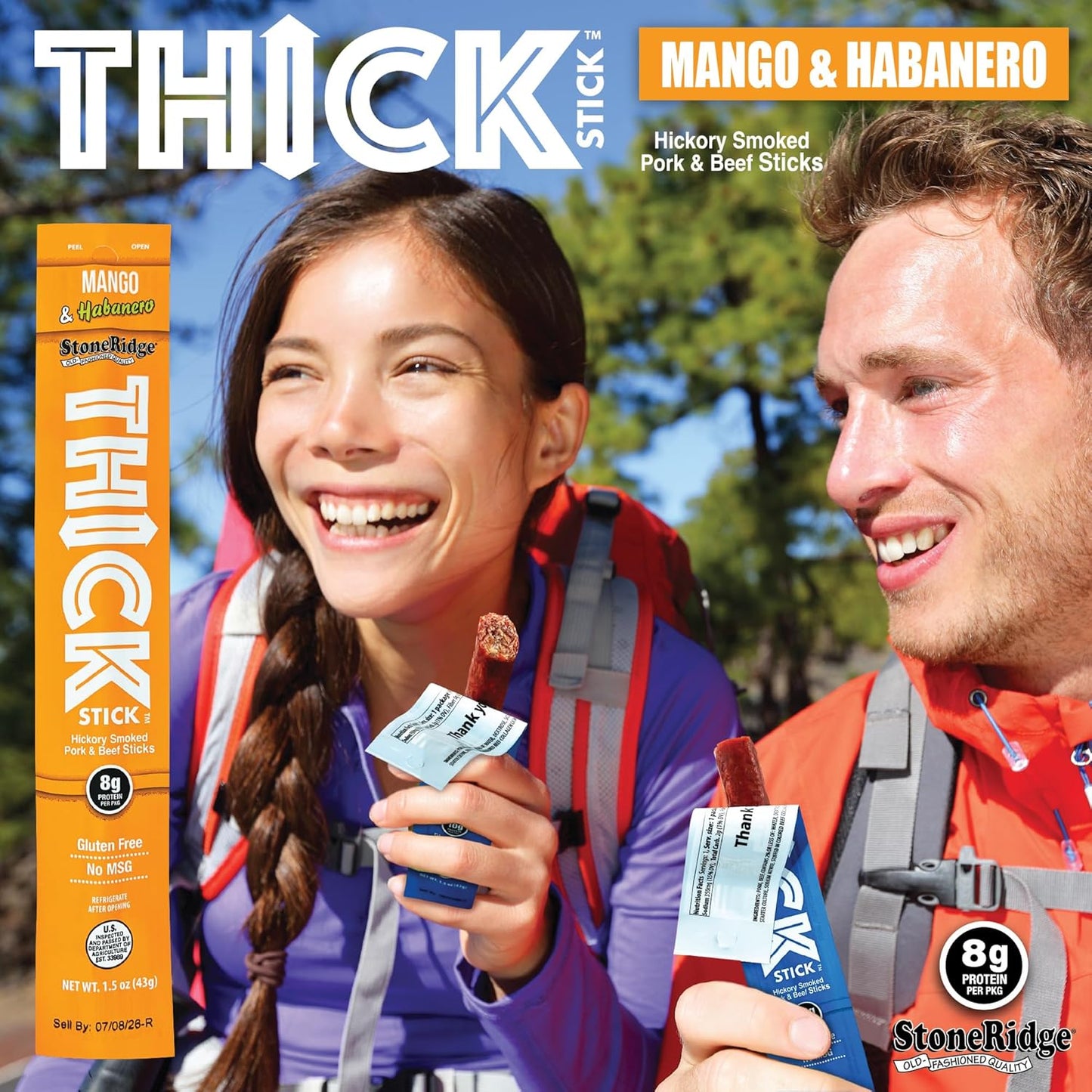 THICK STICK - STONERIDGE OLD-FASHIONED QUALITY MANGO & HABANERO - Hickory Smoked Pork and Beef Snack Sticks, Gluten Free, No MSG, 15 Count, THICK 1.5 oz Sticks, High Protein, Soy Free, 15 Count