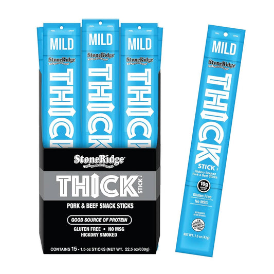 THICK STICK - STONERIDGE OLD-FASHIONED QUALITY MILD - Hickory Smoked Pork and Beef Snack Sticks, Gluten Free, No MSG, 15 Count, THICK 1.5 oz Sticks, High Protein, Soy Free, 15 Count