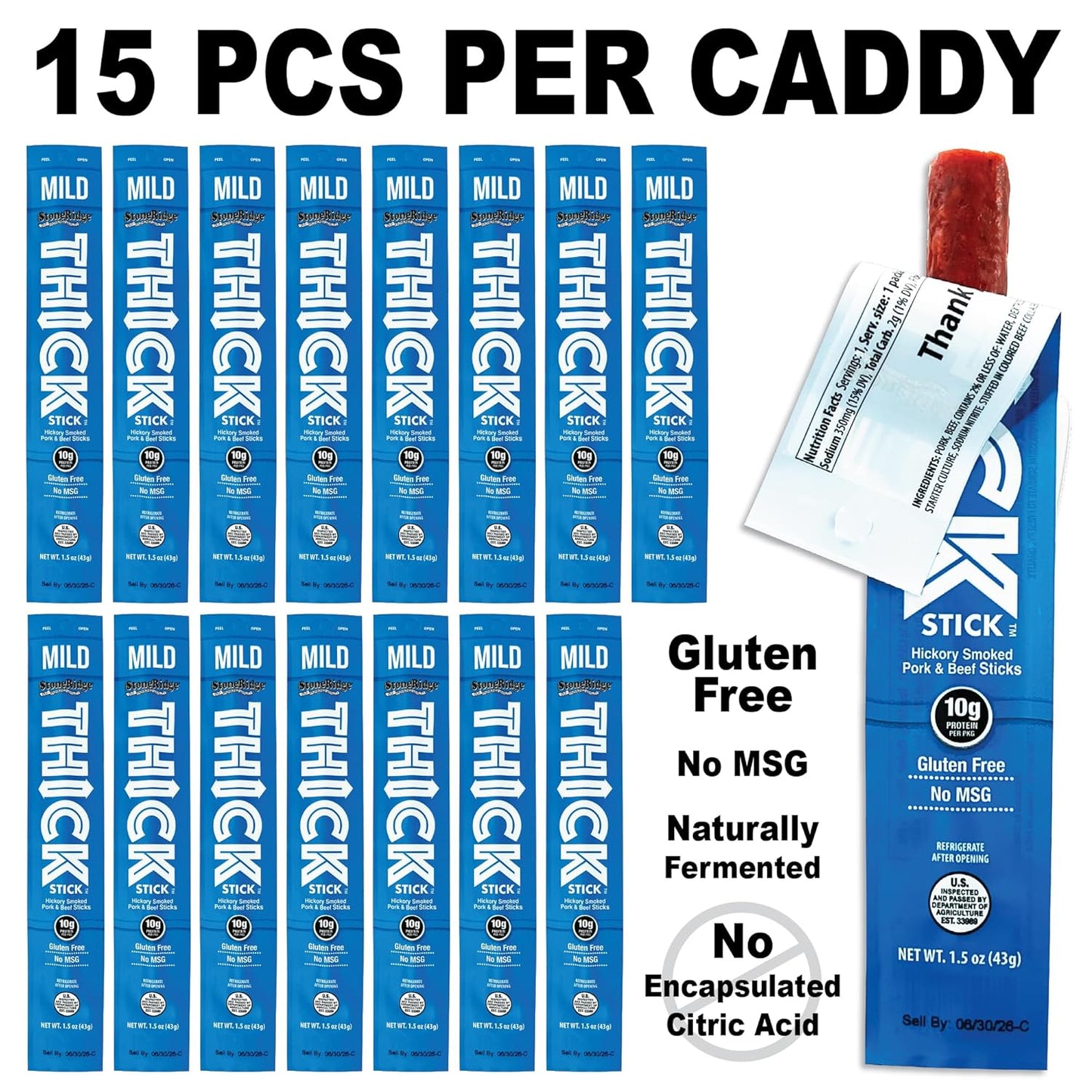 THICK STICK - STONERIDGE OLD-FASHIONED QUALITY MILD - Hickory Smoked Pork and Beef Snack Sticks, Gluten Free, No MSG, 15 Count, THICK 1.5 oz Sticks, High Protein, Soy Free, 15 Count