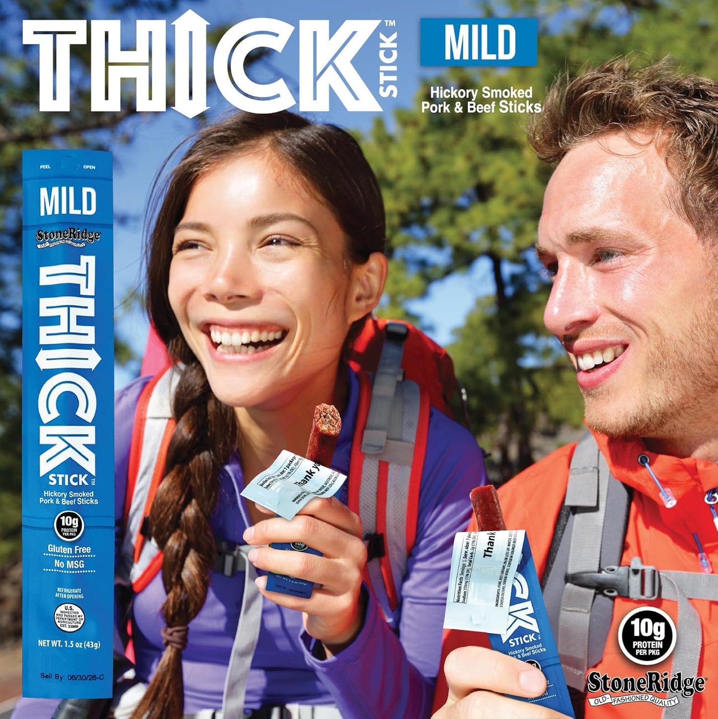 THICK STICK - STONERIDGE OLD-FASHIONED QUALITY MILD - Hickory Smoked Pork and Beef Snack Sticks, Gluten Free, No MSG, 15 Count, THICK 1.5 oz Sticks, High Protein, Soy Free, 15 Count