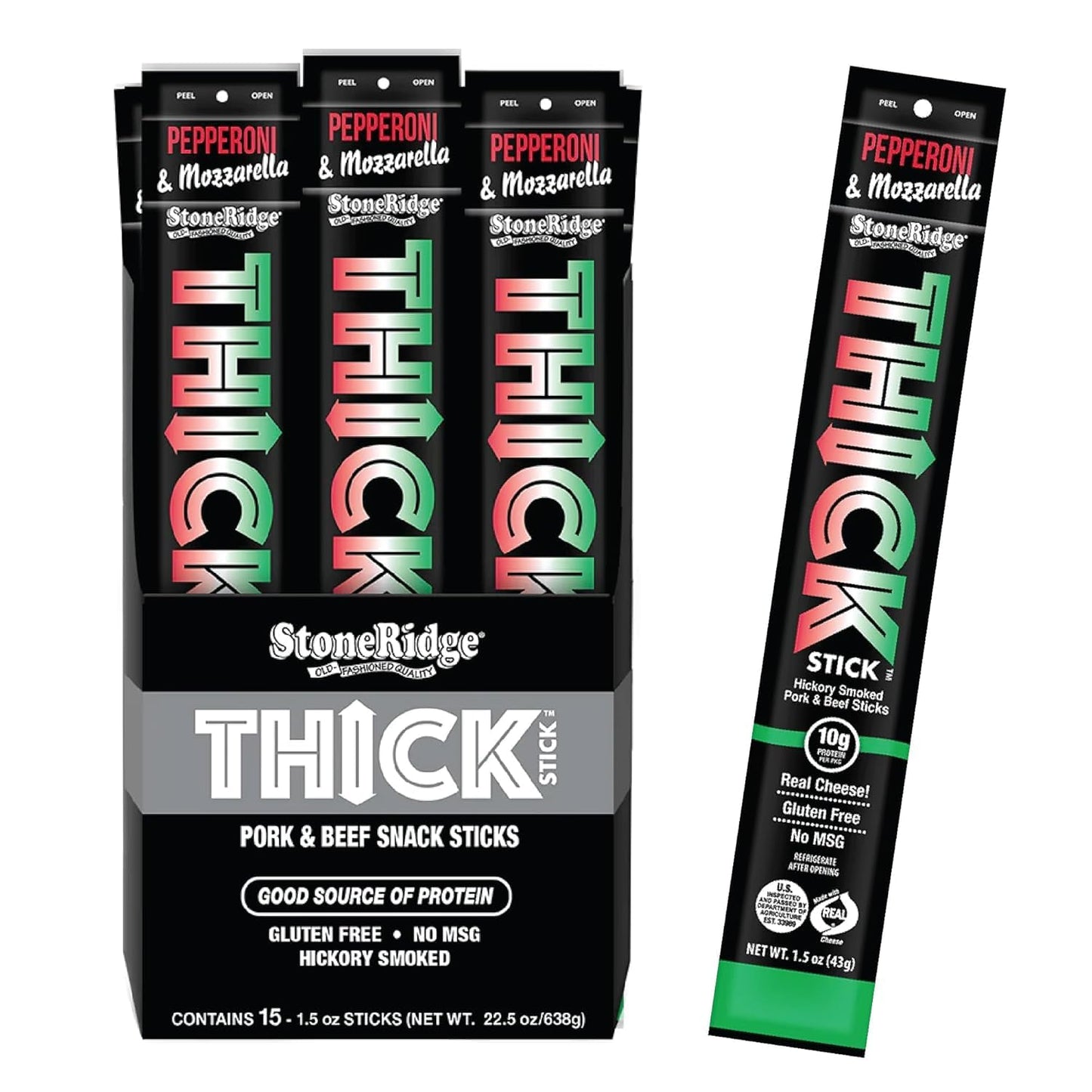 THICK STICK - STONERIDGE OLD-FASHIONED QUALITY PEPPERONI & MOZZARELLA - Hickory Smoked Pork and Beef Snack Sticks, Gluten Free, No MSG, 15 Count, THICK 1.5 oz Sticks, High Protein, Soy Free, 15 Count