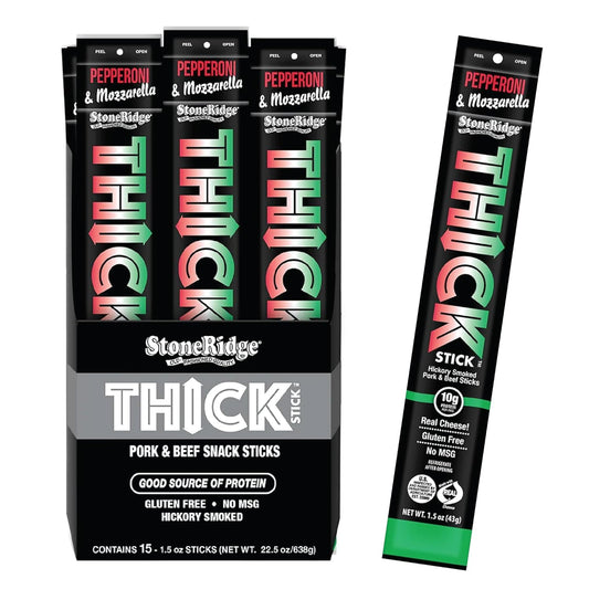THICK STICK - STONERIDGE OLD-FASHIONED QUALITY PEPPERONI & MOZZARELLA - Hickory Smoked Pork and Beef Snack Sticks, Gluten Free, No MSG, 15 Count, THICK 1.5 oz Sticks, High Protein, Soy Free, 15 Count