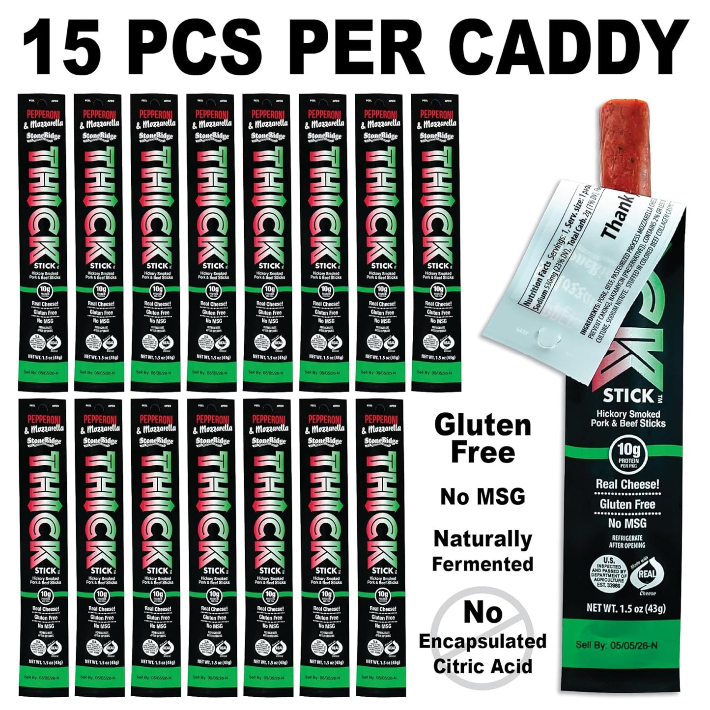 THICK STICK - STONERIDGE OLD-FASHIONED QUALITY PEPPERONI & MOZZARELLA - Hickory Smoked Pork and Beef Snack Sticks, Gluten Free, No MSG, 15 Count, THICK 1.5 oz Sticks, High Protein, Soy Free, 15 Count