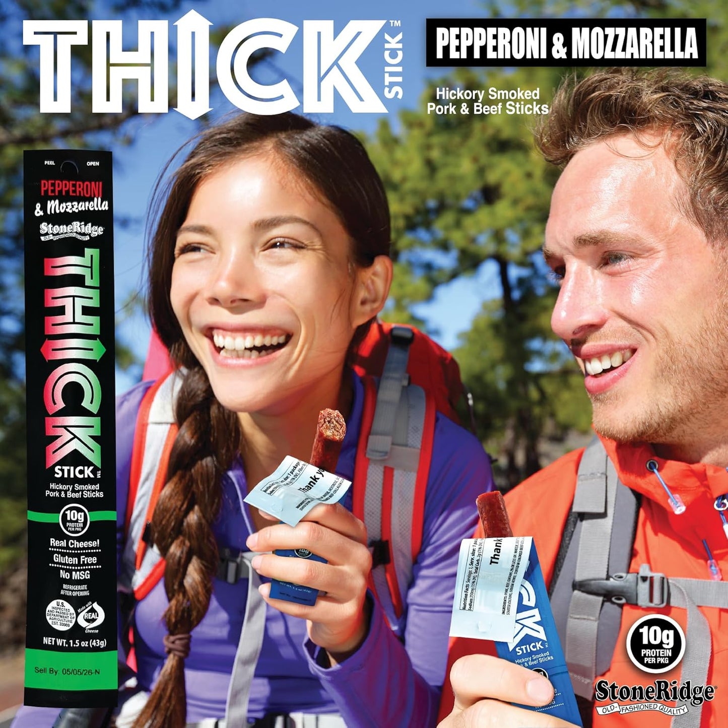 THICK STICK - STONERIDGE OLD-FASHIONED QUALITY PEPPERONI & MOZZARELLA - Hickory Smoked Pork and Beef Snack Sticks, Gluten Free, No MSG, 15 Count, THICK 1.5 oz Sticks, High Protein, Soy Free, 15 Count