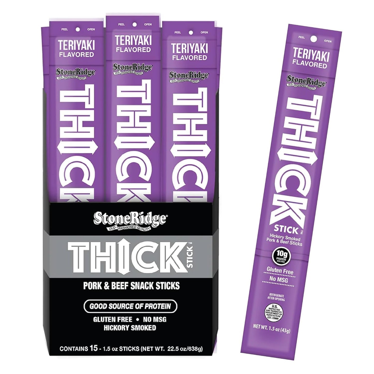 THICK STICK - STONERIDGE OLD-FASHIONED QUALITY TERIYAKI - Hickory Smoked Pork and Beef Snack Sticks, Gluten Free, No MSG, 15 Count, THICK 1.5 oz Sticks, High Protein, Soy Free, 15 Count