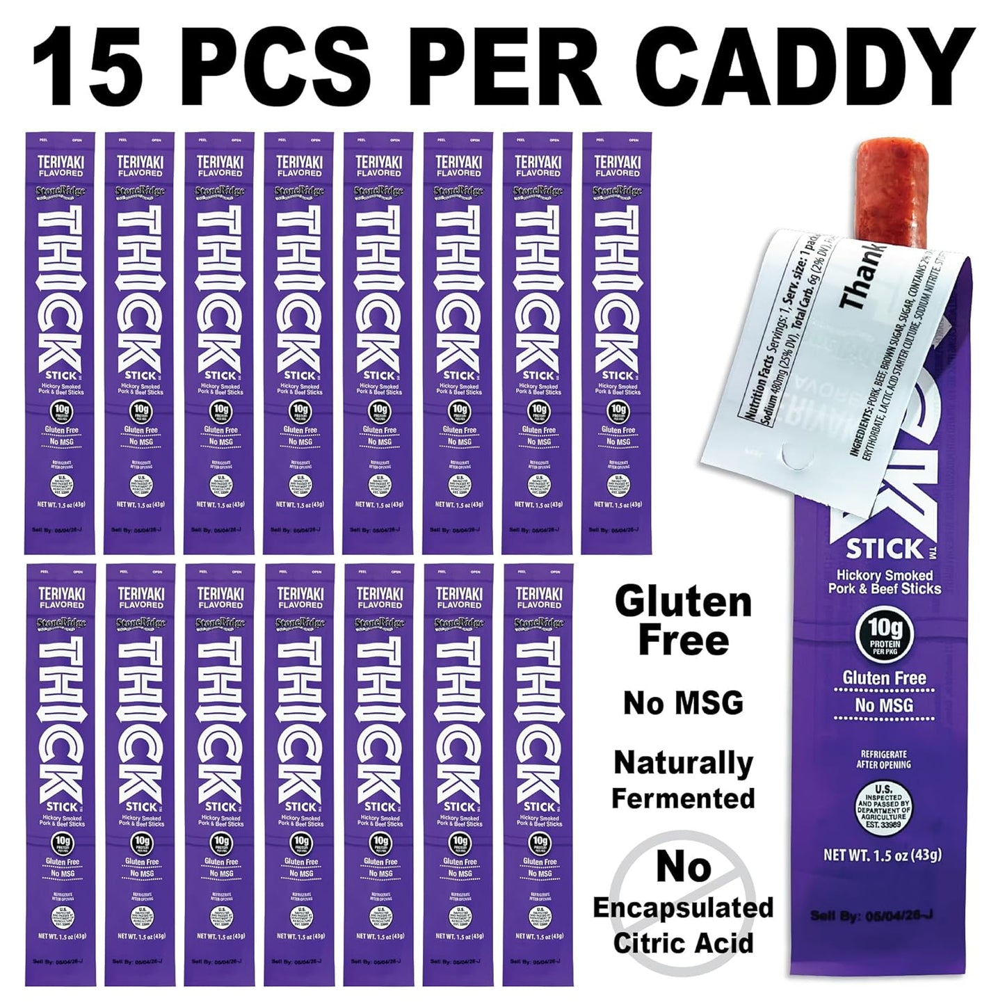 THICK STICK - STONERIDGE OLD-FASHIONED QUALITY TERIYAKI - Hickory Smoked Pork and Beef Snack Sticks, Gluten Free, No MSG, 15 Count, THICK 1.5 oz Sticks, High Protein, Soy Free, 15 Count