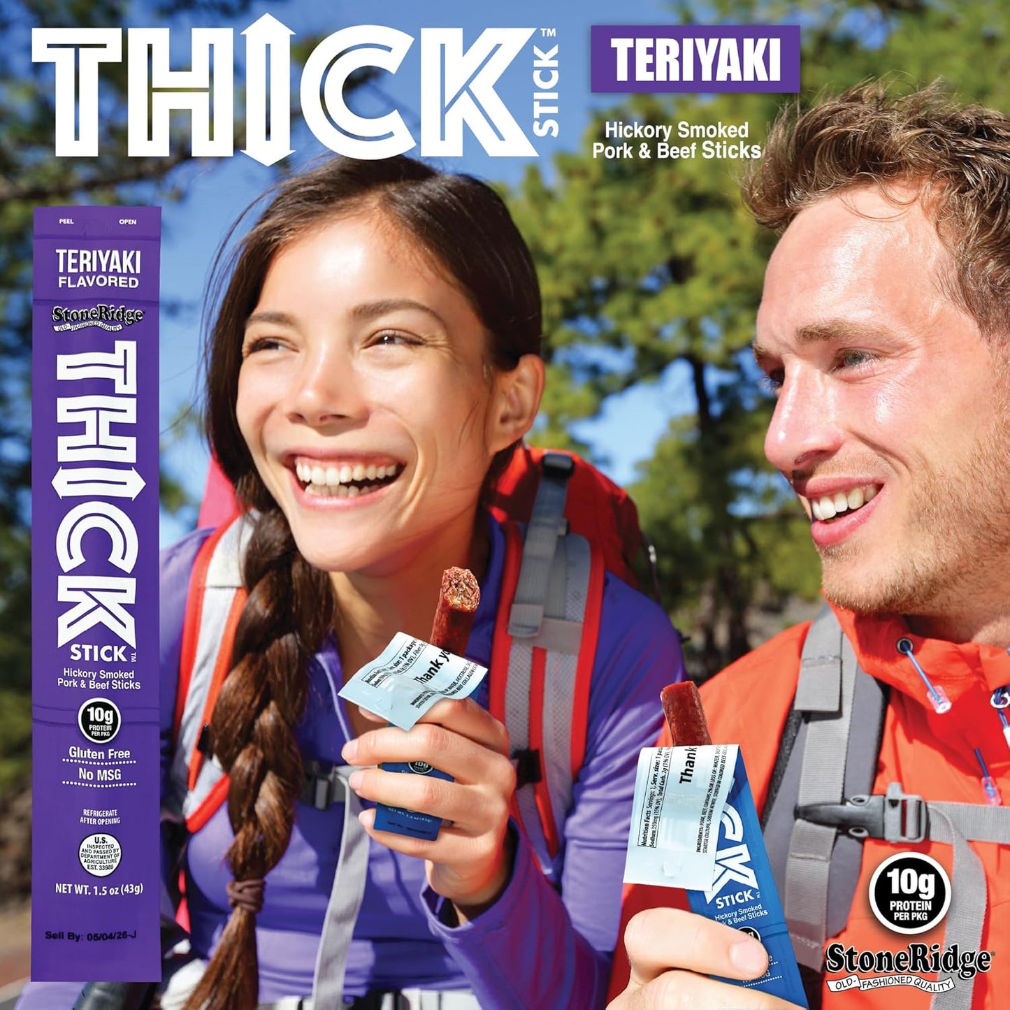 THICK STICK - STONERIDGE OLD-FASHIONED QUALITY TERIYAKI - Hickory Smoked Pork and Beef Snack Sticks, Gluten Free, No MSG, 15 Count, THICK 1.5 oz Sticks, High Protein, Soy Free, 15 Count